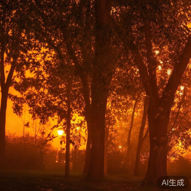 夜幕降临，昏黄的路灯映照着树木，投下长长的阴影，光影交错，静谧而宁静。